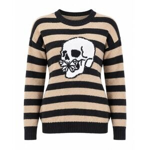 Grunge Tan Black Striped Skull Butterfly Stitch & Pine Sweater Women Small Goth
